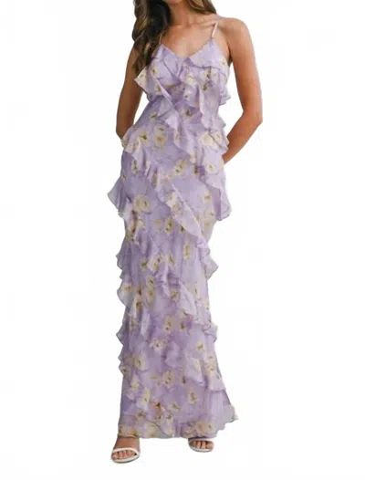 Mable Floral Print Asymmetrical Tiered Ruffled Maxi Dress In Purple