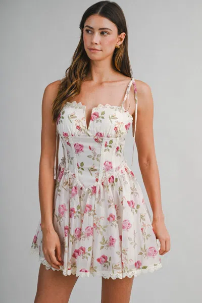 Mable Floral Print Mini Dress Cream In White