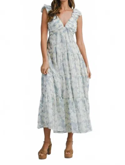 Mable Floral Print Ruched Pleated Detail Midi Dress In Blue In White