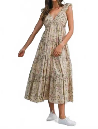 Mable Floral Print Ruched Pleated Detail Midi Dress In Multi