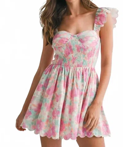 Mable Floral Print Ruffle Sleeve Smocked Mini Dress In Pink In Multi