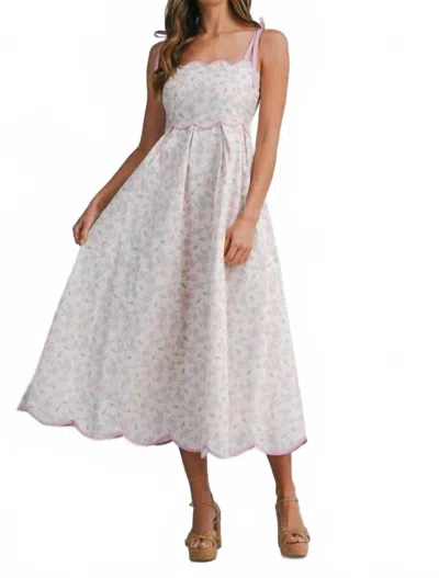 Mable Floral Print Scallop Hem Contrast Self Tie Strap Midi Dress In Pink