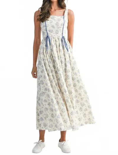 Mable Floral Print Square Neck Contrast Piping Dress In Blue In Neutral