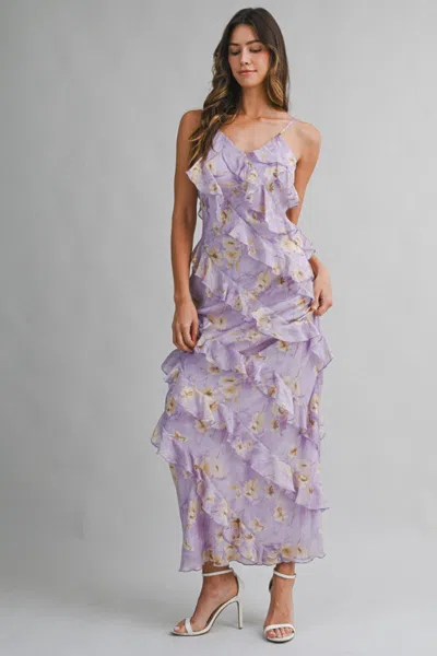 Mable Floral Print Tiered Ruffle Dress Lavander