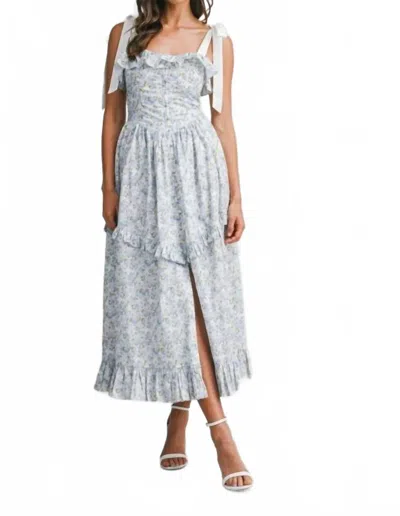 Mable Floral Printed Contrast Shoulder Strap Midi Dress In Blue