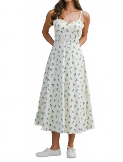 Mable Floral Printed Lace Trim Back Lace Up Midi Dress In Blue In White