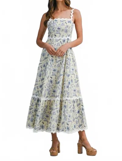 Mable Floral Printed Ric-rac Trim Smocked Back Midi Dress In Beige In Multi