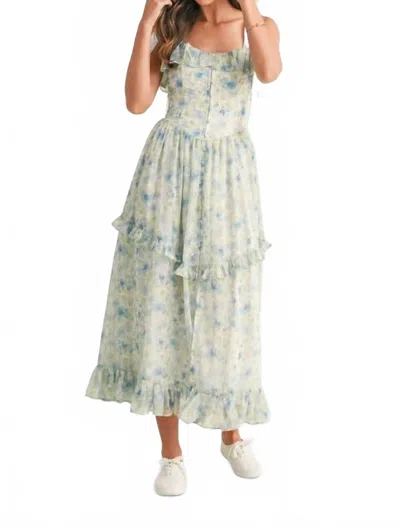 Mable Floral Printed Shoulder Strap Midi Dress In Blue In White