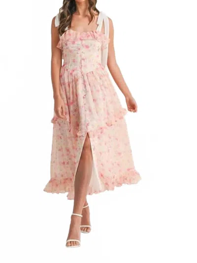 Mable Floral Printed Shoulder Strap Midi Dress In Pink
