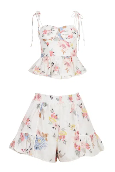 Mable Floral Printed Top And Shorts Set Cream In Multi