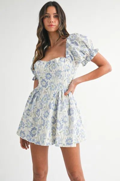 Mable Floral Puff Sleeve Bustier Mini Dress Blue In White