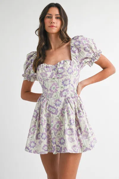 Mable Floral Puff Sleeve Bustier Mini Dress Lavender In White