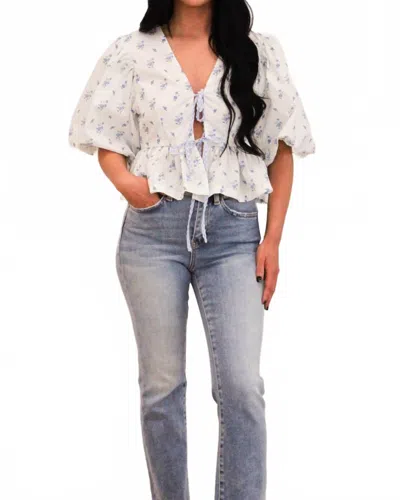 Mable Gabie Floral Bow Babydoll Top In White/blue