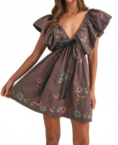 Mable Galatea Bow Ruffle Sleeve Babydoll Mini Dress In Dark Plum In Brown