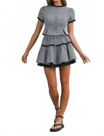 Mable Gingham Plaid Lace Trimmed Blouse And Mini Skirt Set In Black / White In Gray