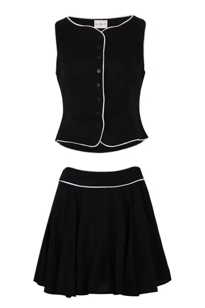 Mable Indie Linen Vest With Piping Trim Set Black In Blue