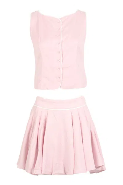 Mable Indie Linen Vest With Piping Trim Set Pink
