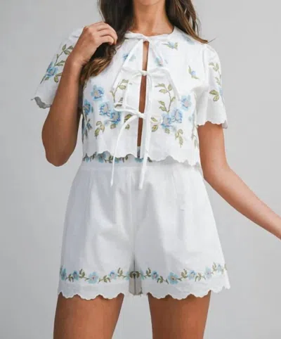 Mable Islander Embroidery Top And Shorts Set In White/blue In Multi