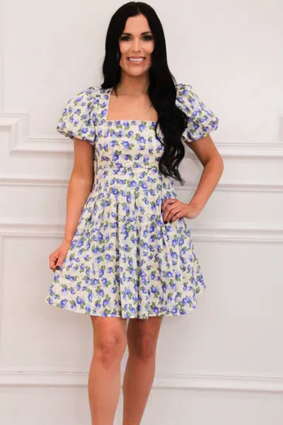 Mable Jayde Floral Square Neck Mini Dress In Blue Multi
