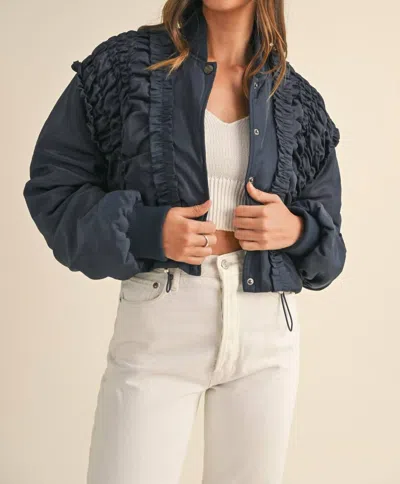 Mable Jessenia Ruffle Puff Bomber Jacket In Navy