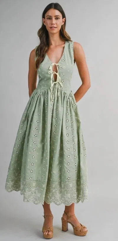 Mable Kate Floral Eyelet Midi Dress In Sage In Green