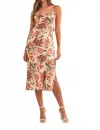 Mable Kendra Satin Floral Print Back Lace Up Strap Cowl Neck Midi Dress In Cream In Multi