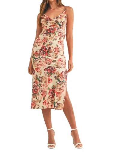 Mable Kendra Satin Floral Print Back Lace Up Strap Cowl Neck Midi Dress In Cream