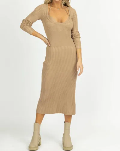 Mable Knit Layered Bra Midi Dress Set In Taupe In Brown