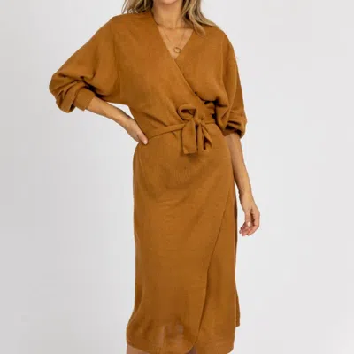 Mable Knit Wrap Sweater Midi Dress In Camel In Brown