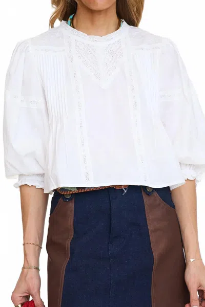 Mable Lace Trim Pintuck Balloon Sleeve Blouse In White
