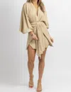 Mable Linen Dolman Sleeve Mini Dress In Taupe In Grey