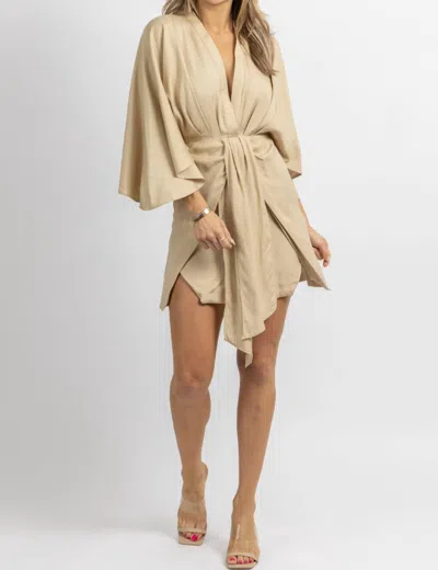 Mable Linen Dolman Sleeve Mini Dress In Taupe In Grey