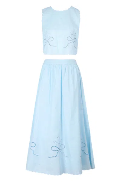 Mable Linen Eyelet Crop Top And Midi Skirt Set Blue