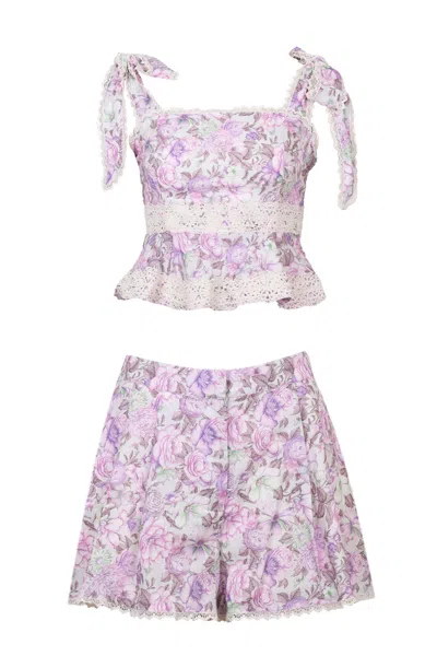 Mable Linen Printed Shoulder Top And Shorts Set Lavender In Multi