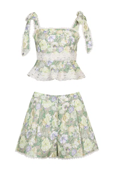 Mable Linen Printed Shoulder Top And Shorts Set Sage In Gray