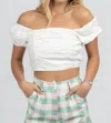 Mable Linen Puff Sleeve Open-back Crop In White In White