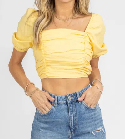 Mable Linen Puff Sleeve Open-back Crop In Yellow