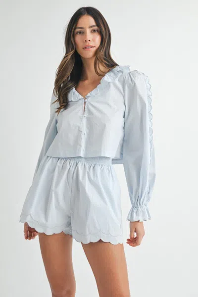 Mable Long Sleeve Blouse And Shorts Set Light Blue
