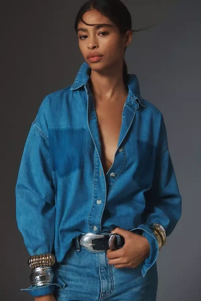 Mable Long-sleeve Burnout Pocket Denim Buttondown Shirt In Blue