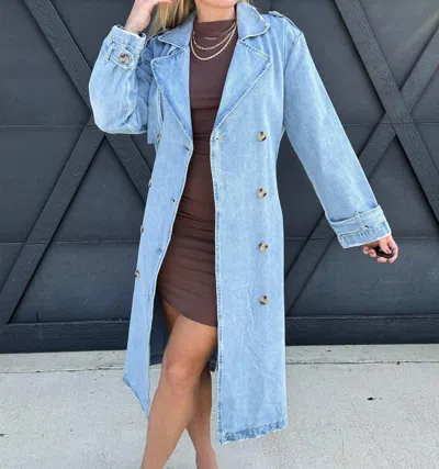 Mable Long Sleeve Double Breasted Denim Trench Coat In Light Denim In Blue