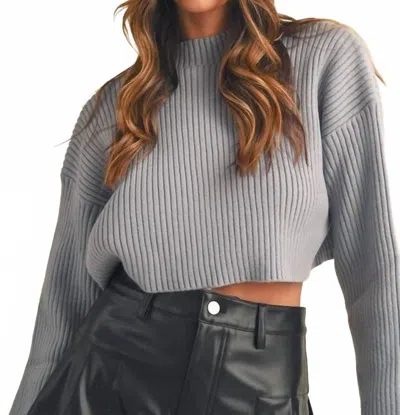 Mable Mock Neck Cropped Long Sleeve Ribbed Sweater In Dusty Blue In Gray