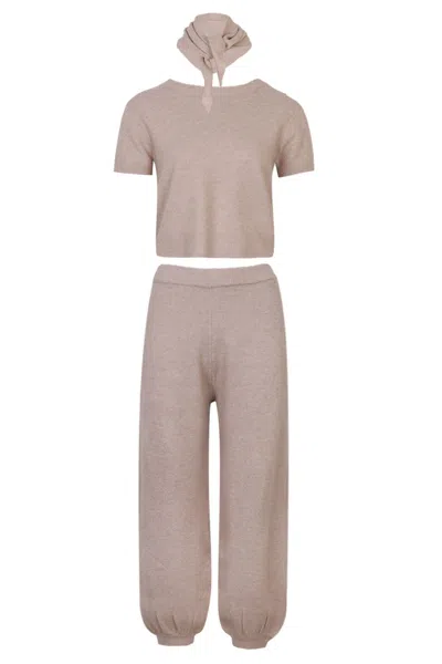 Mable Ondine Basic Knit Top And Jogger Pants Set With Scarf Taupe In Gray