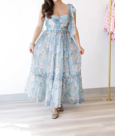 Mable Organza Ruched Tiered Midi Dress In Blue