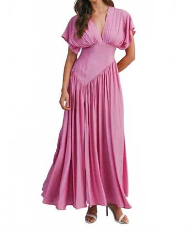 Mable Peony Plunge Asymmetrical Puff Sleeve Maxi Dress In Pink