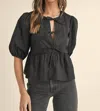 Mable Poplin Front Self Tie Peplum Top In Black In Black