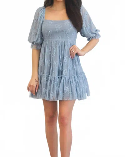 Mable Porsha Square Neck Bow Pearl Babydoll Dress In Dusty Blue