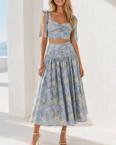 Mable Positano Floral Printed Crop Top And Midi Skirt Set In Blue In Multi