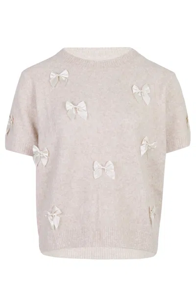 Mable Ribbon Detail Knit Top Lt Taupe/cream In Green
