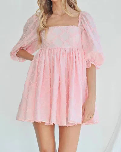 Mable Ribbon Textured Puff Sleeve Babydoll Mini Dress In Baby Pink