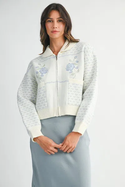 Mable Rose Jacquard Zip Up Jacket Blue In White